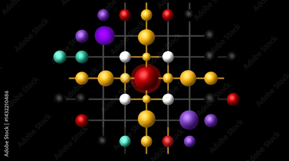 Poster abstract quantum circuit visualization with colorful spheres on a grid