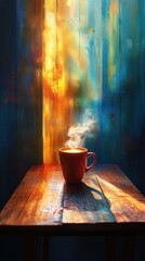 Cup of coffee on a wooden table with a bright light coming through the window vertical background