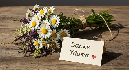 Daisy bouquet with a thank you note for mom, expressing appreciation on rustic wood