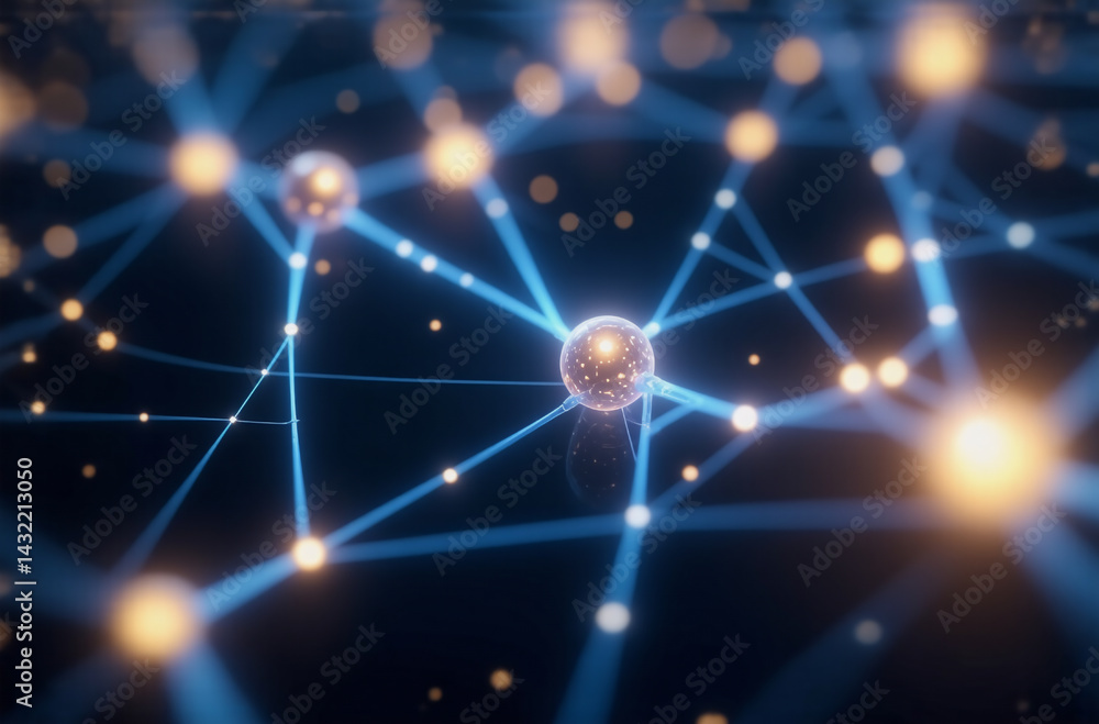 Poster abstract glowing spheres linked by blue lines create a network against a dark backdrop. luminous dot