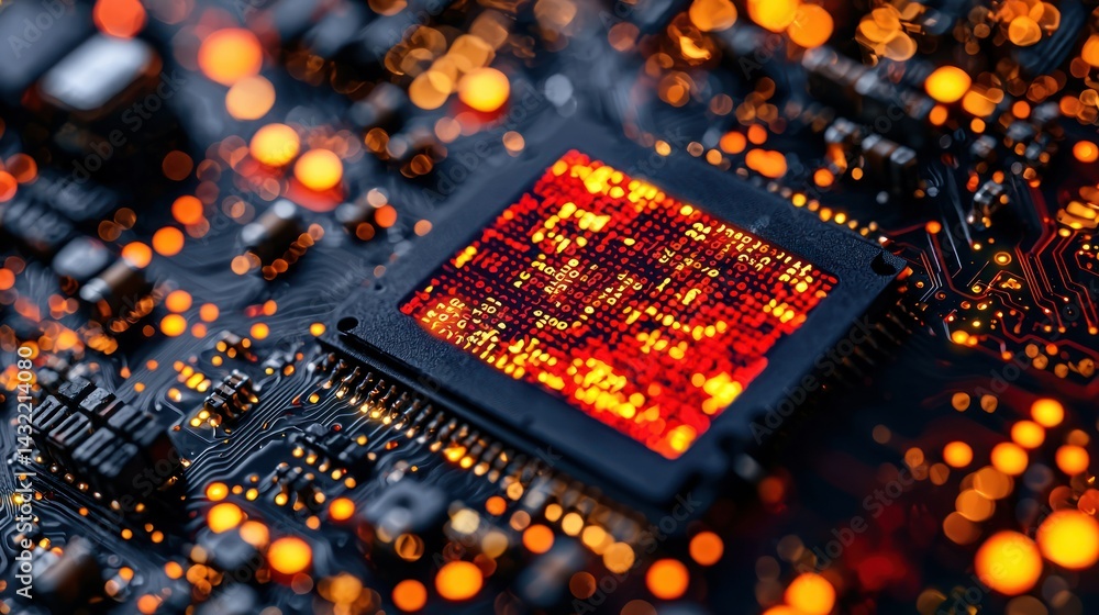 Poster intricate circuit board with glowing microchip