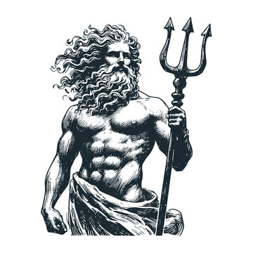 "Black White Vector Illustration of Neptune Holding a Trident in the Ocean: A Vintage Engraved Infographic"