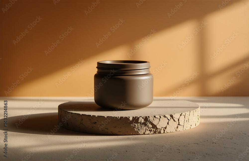Poster minimalist scene featuring a brown jar centered on a round textured platform. warm sunlight creates 