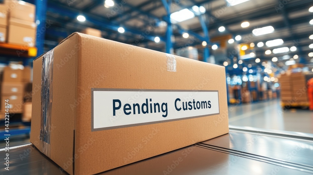 Poster box with pending customs label placed on inspection table under overhead lights