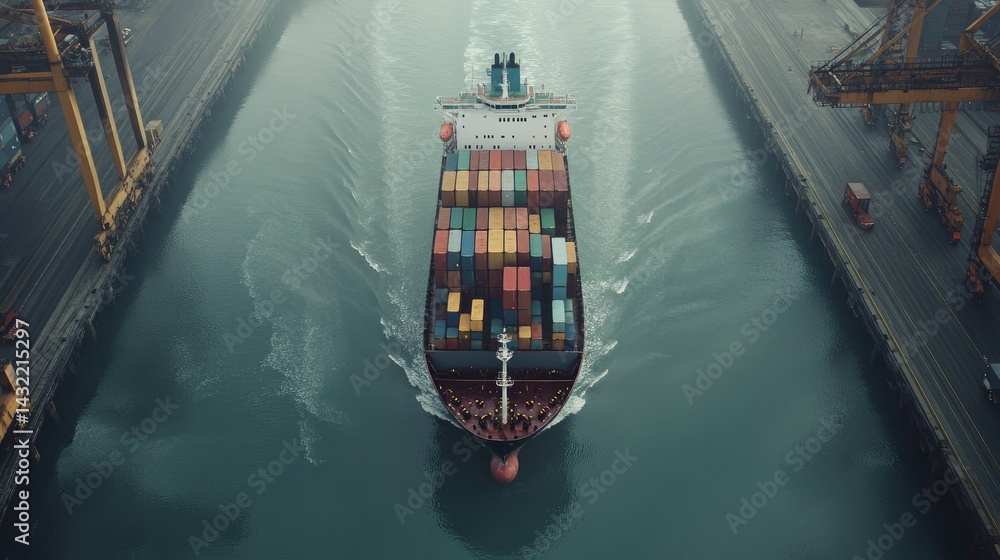 Poster cargo ship in narrow channel with containers visible and port structures nearby