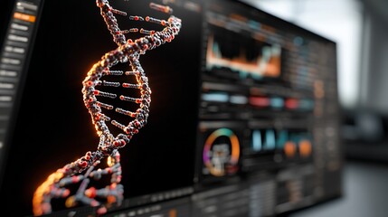 DNA molecule graphic displayed on a computer monitor with data visualizations