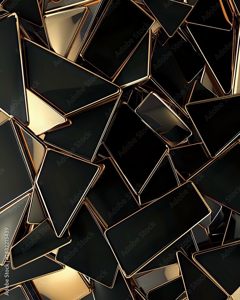 Poster abstract geometric background with black angular shapes featuring luxurious gold edges, creating a m