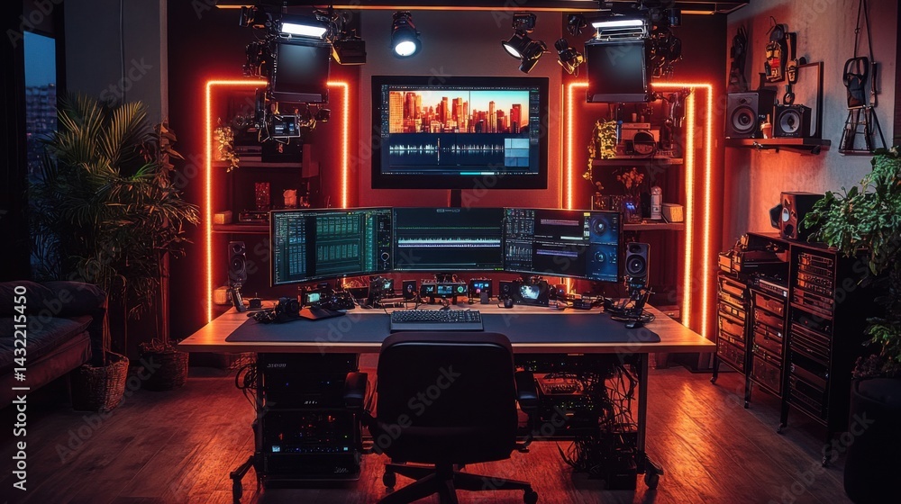 Poster evolution from a simple podcast table into a contemporary studio with glowing led panels, multiple c