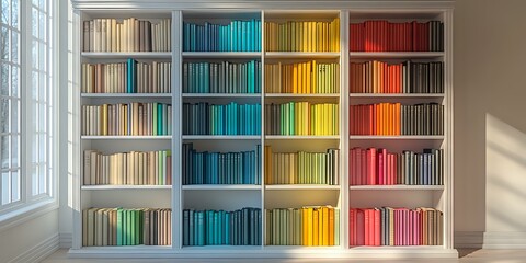 Colorful books arranged by spectrum in white built-in shelves create rainbow gradient effect near window with natural lighting, modern interior design element.