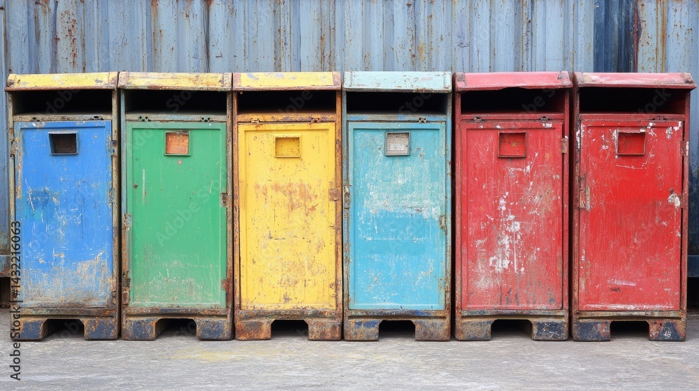 Poster color-coded containers in customs queue at international shipping port