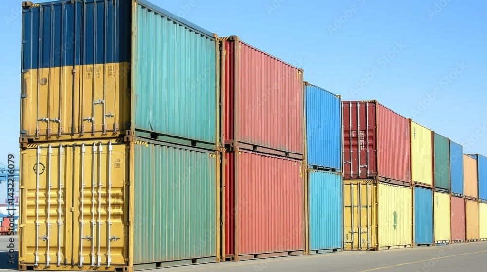 Poster color-coded containers in customs queue at international shipping port