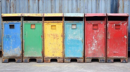 Color-coded containers in customs queue at international shipping port