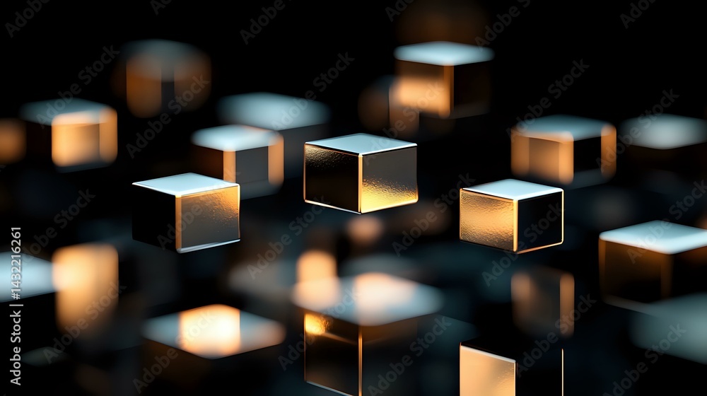 Poster glowing white cubes floating in dark space with warm light emanating from within, creating mysteriou
