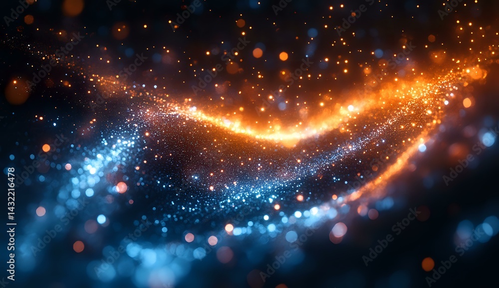 Poster magical glowing wave of orange and blue light particles with bokeh effect on dark background creates