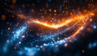 Obraz premium Magical glowing wave of orange and blue light particles with bokeh effect on dark background creates mystical cosmic atmosphere for creative projects.
