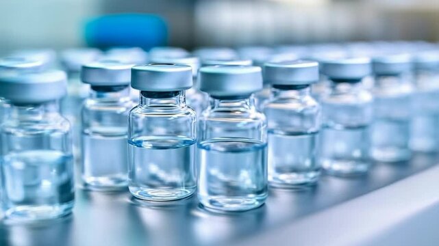 Close up of glass vials filled with clear liquid in a row under cool toned light, for medical and pharmaceutical concepts.