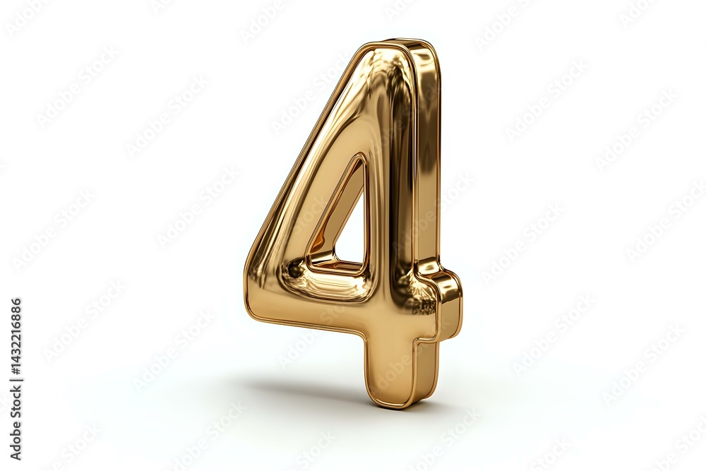 Poster golden metallic number four on white background, balloon-style digit with reflective surface and smo
