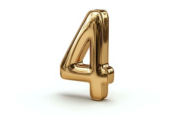 Golden metallic number four on white background, balloon-style digit with reflective surface and smooth curves, isolated design element for celebrations.
