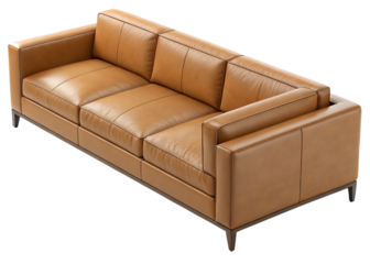 Modern three seater leather sofa in tan color isolated on black background
