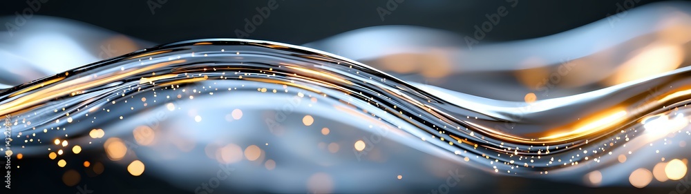 Poster flowing liquid metal wave with golden sparkles and bokeh effects on dark background creates luxuriou