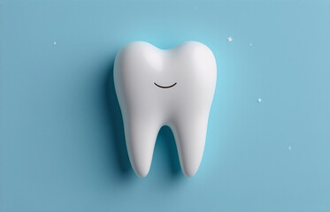 A happy white tooth with a simple smile is centered on a light blue backdrop. The tooth is clean and bright, representing good oral hygiene and dental care.