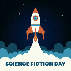 Science Fiction Day Rocket Launch Poster – Futuristic Space Vector Illustration