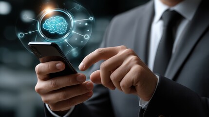 Professional man checking messages on phone, with virtual AI neural network overlay and glowing cloud storage icon