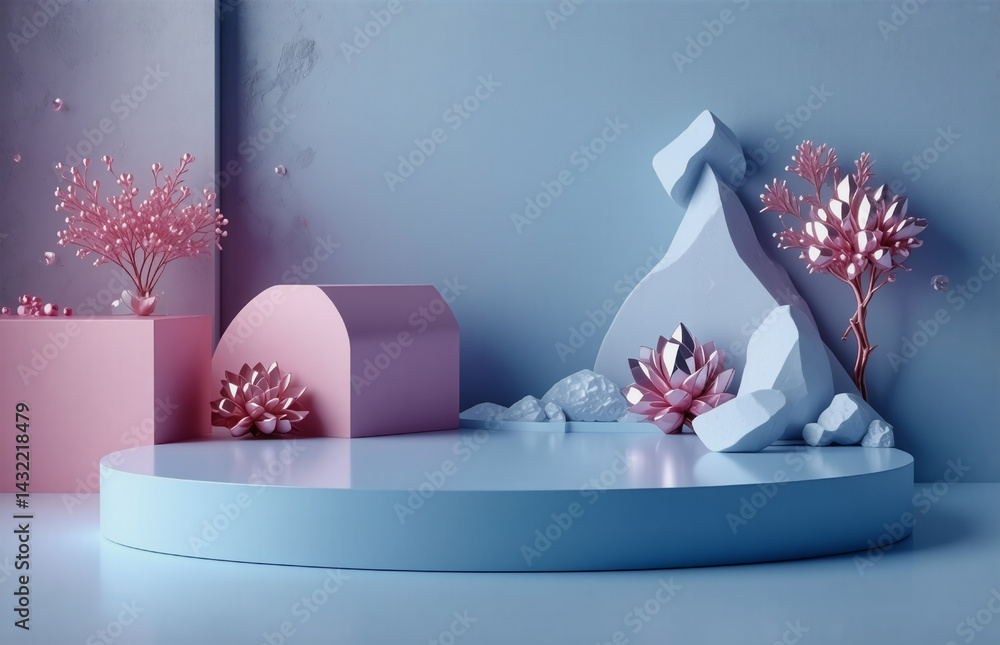 Poster a minimalist, serene studio scene with a blue and pink color palette. geometric shapes create a disp