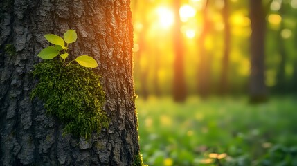 Young green plant growing on moss-covered tree trunk in magical forest at sunset, with golden sunlight streaming through trees creating bokeh effect.