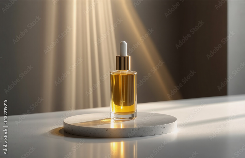 Poster golden oil in a bottle with dropper on round platform. soft light rays illuminate bottle and backdro
