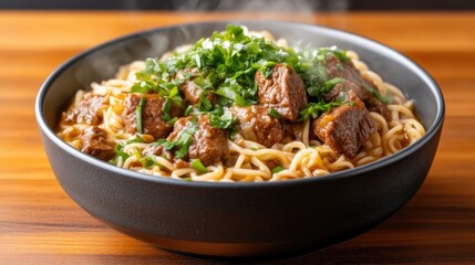 Fototapeta premium Steaming bowl of beef noodle soup