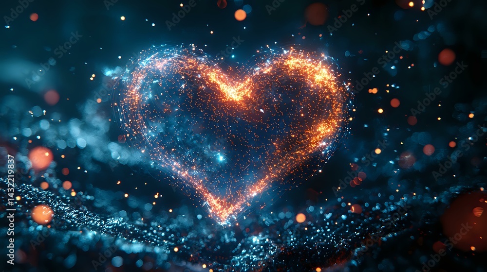 Aufkleber glowing heart shape formed by magical sparkles and light particles against dark background with boke