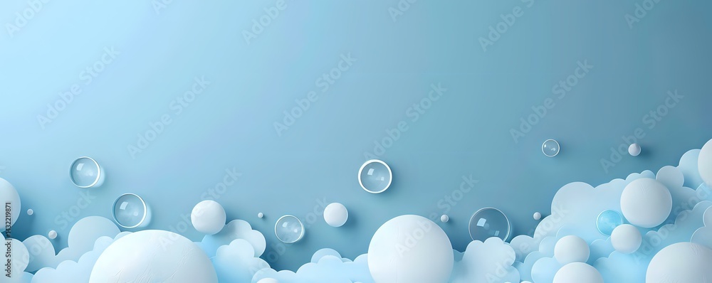 Poster minimalist abstract composition with white spheres and transparent bubbles floating in soft blue bac