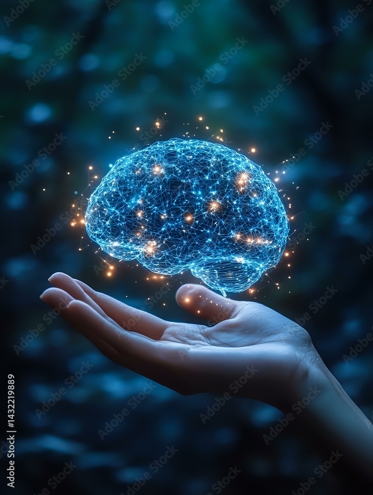 Poster glowing digital brain hologram floating above open palm against dark background, representing artifi
