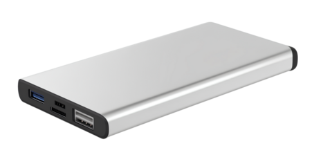   Power bank, silver in color with black trim, isolated on a transparent background, PNG file.