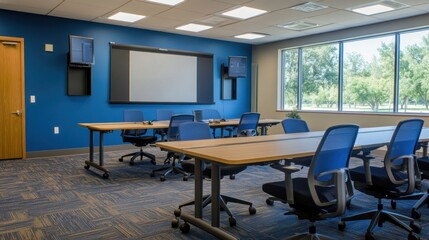 Modern Conference Room with Blue Walls and Large Windows