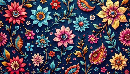 Intricate paisley floral pattern in vibrant hues, tulip, repeat