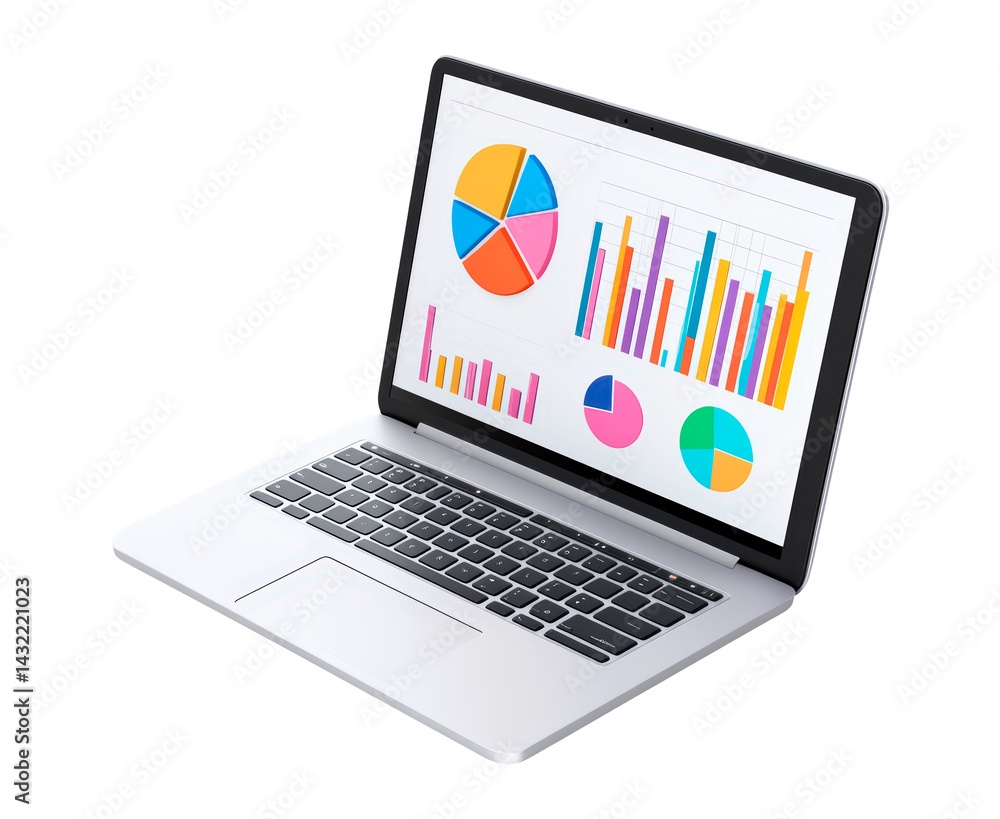 Leinwandbilder laptop with colorful charts and graphs displayed on the screen isolated on transparent background