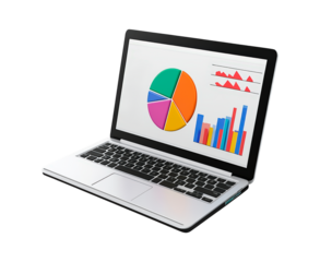 Laptop displaying colorful graphs and charts isolated on transparent background