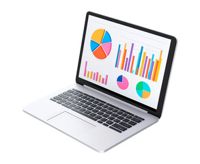 laptop with colorful charts and graphs displayed on the screen isolated on transparent background