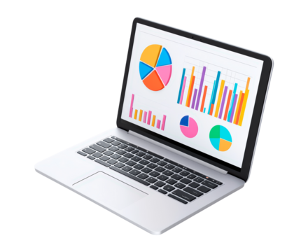 laptop with colorful charts and graphs displayed on the screen isolated on transparent background