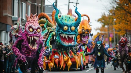 Colorful monster floats dominate a Halloween parade.