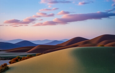 Serene sunset over rolling hills and valleys.  Soft pastel colors paint the sky and landscape, creating a peaceful, tranquil scene.  The shadows lengthen as day ends.