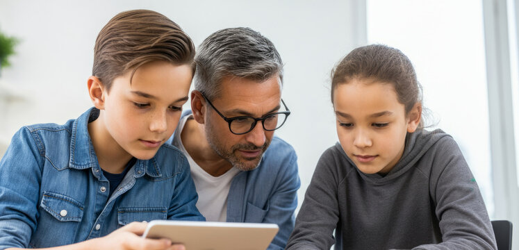 Caucasian male adult teaching two children with tablet at table