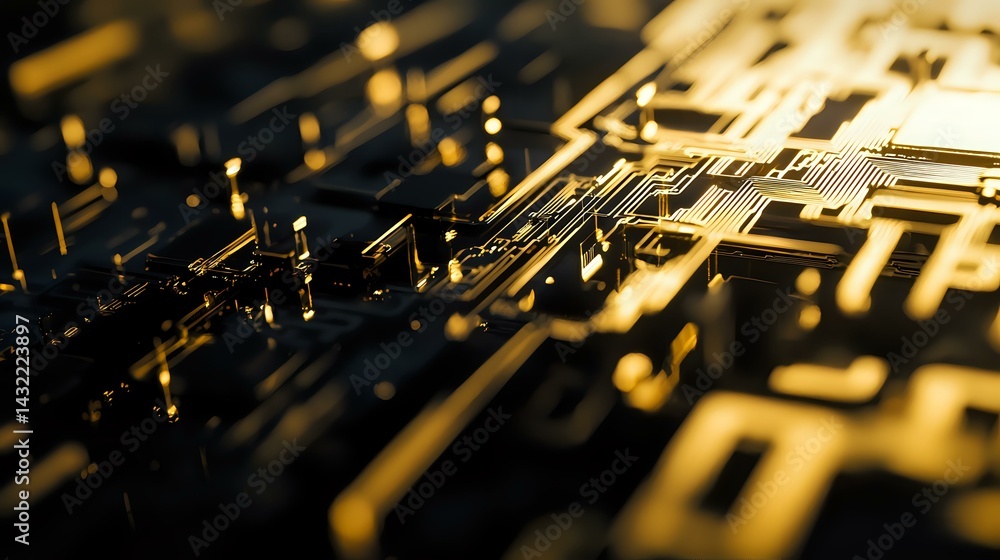 Poster macro shot of electronic circuit board with golden components in dramatic lighting, creating abstrac