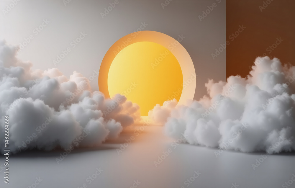Aufkleber soft clouds part to reveal a bright, glowing circle, creating an ethereal and dreamy atmosphere with