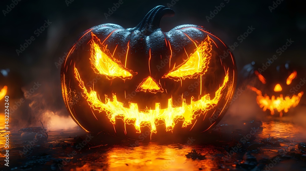 Poster glowing carved pumpkin with menacing expression and fiery eyes in dark foggy setting, multiple jack 
