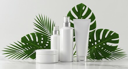 Cosmetic Product Display with Tropical Leaves on White Background