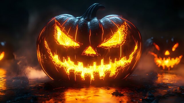 Glowing carved pumpkin with menacing expression and fiery eyes in dark foggy setting, multiple jack o lanterns visible in background creating spooky Halloween atmosphere.