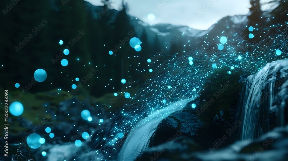 Poster magical waterfall scene with glowing blue orbs of light floating in dark forest atmosphere, cascadin